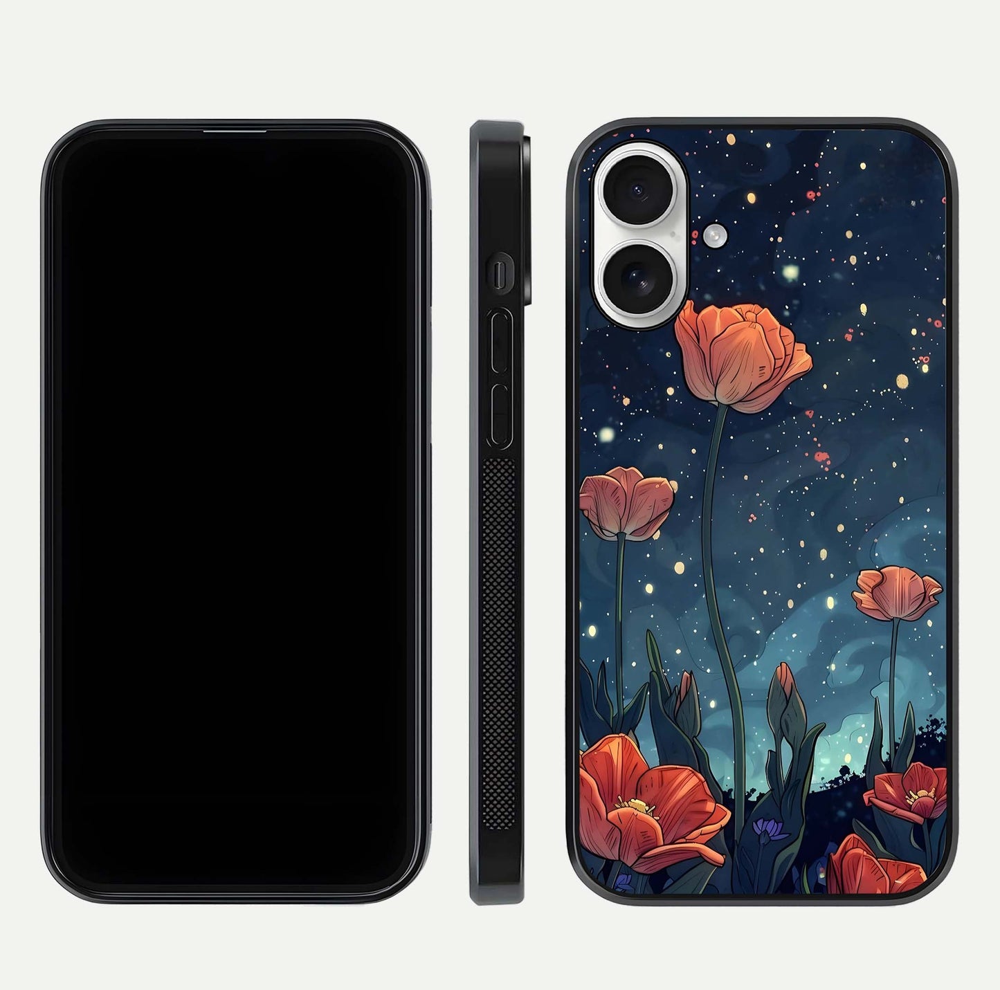 Midnight Tulip Glow Glass Case for iPhone 17 front & back layout highlighting floral glow and curved edges