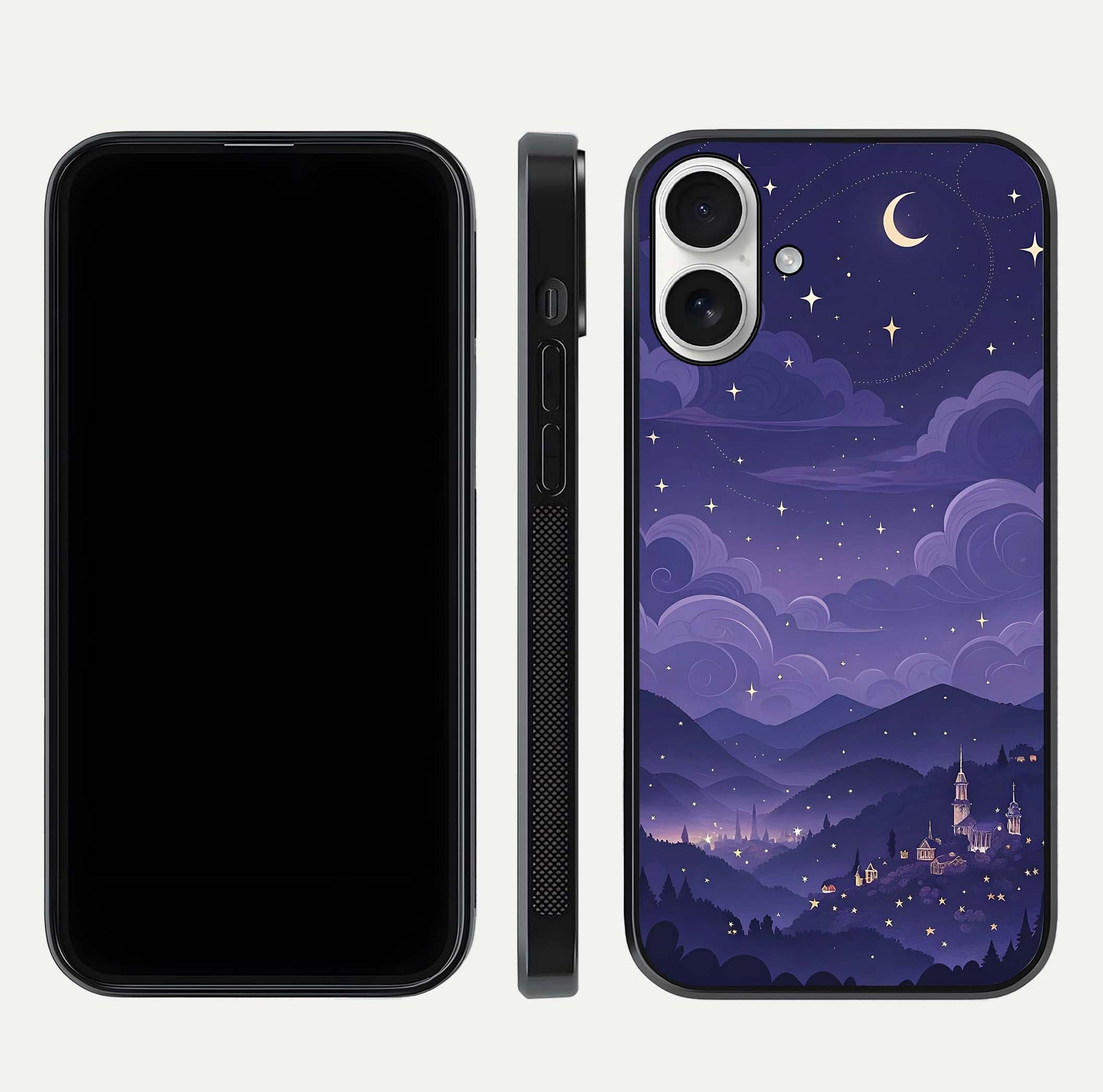 Minimal Night View Glass Case for iPhone 17 front & back layout highlighting minimal night vibe and curves