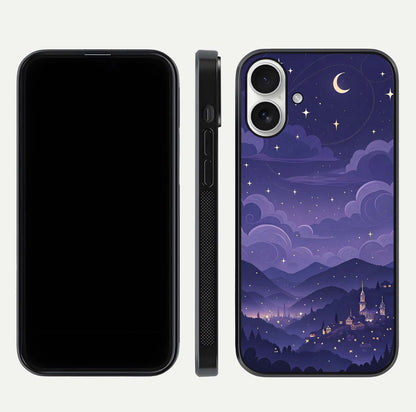 Minimal Night View Glass Case for iPhone 17 front & back layout highlighting minimal night vibe and curves