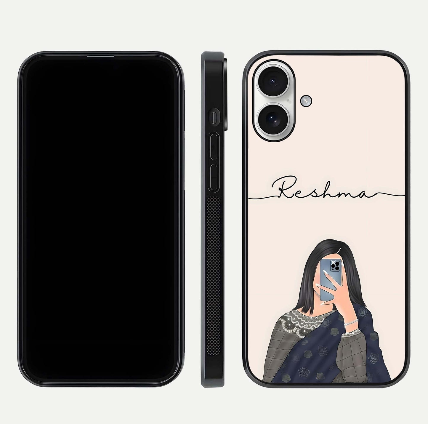 Mirror Mood Muse Custom Name Glass Case for iPhone 17 front & back layout showing personalized name placement