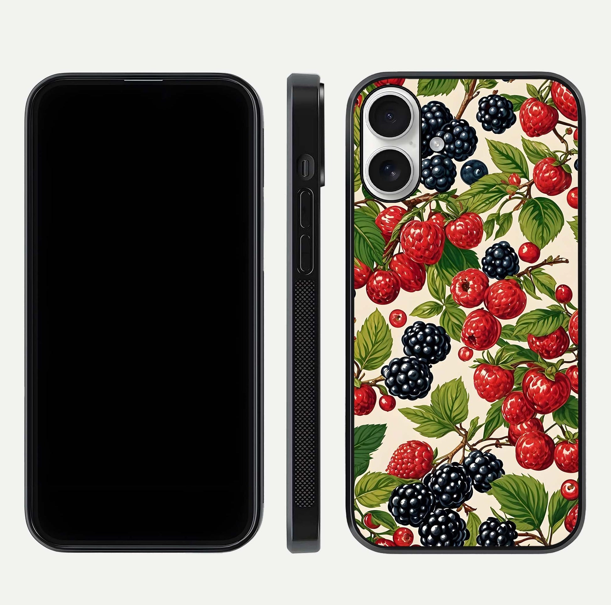 Mixed Berry Collage Glass Case for iPhone 17 front & back layout highlighting colorful art and curved edges