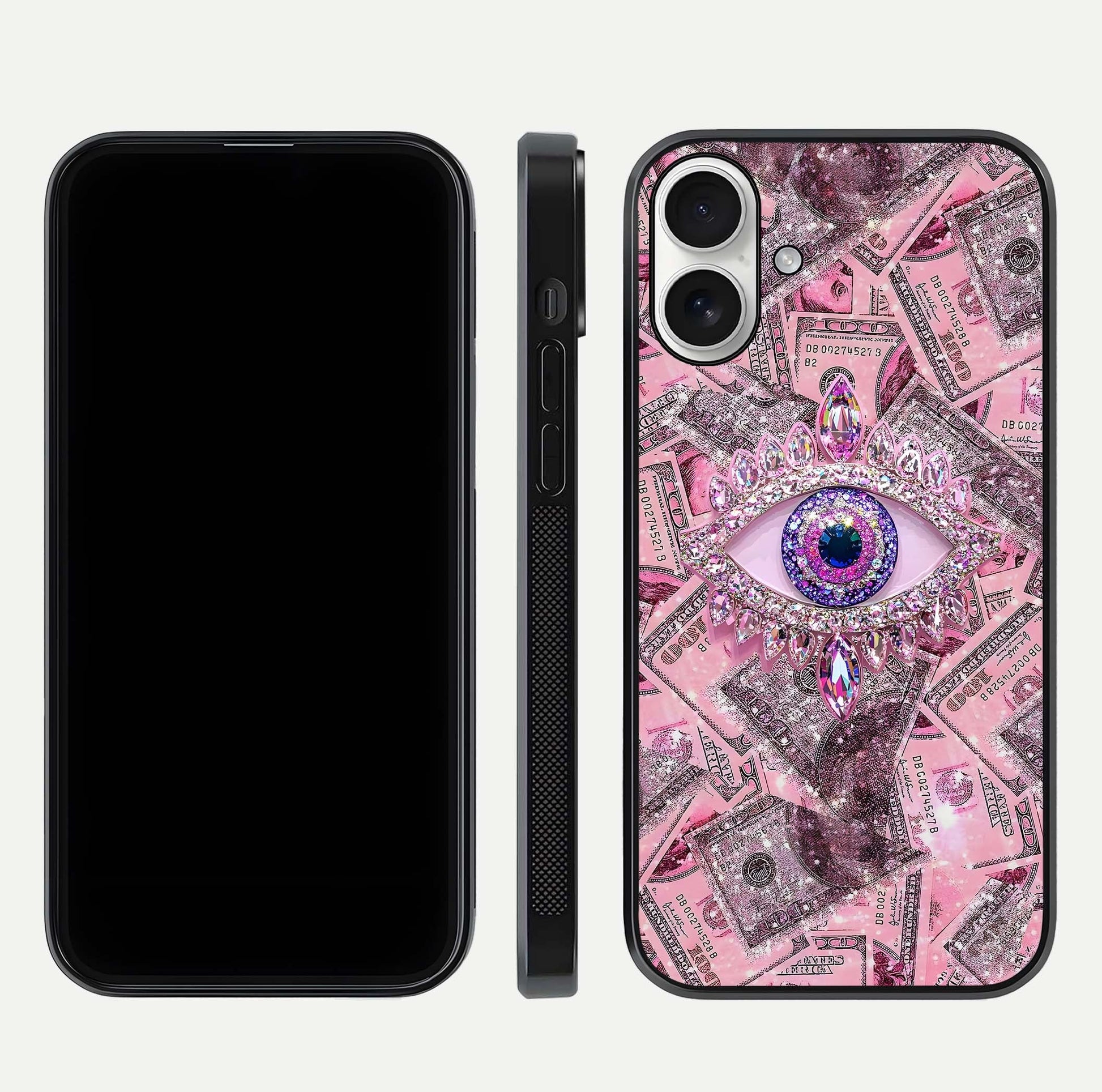 Money Eye Luxe Glass Case for iPhone 17 front & back layout highlighting luxury edge design and bold art