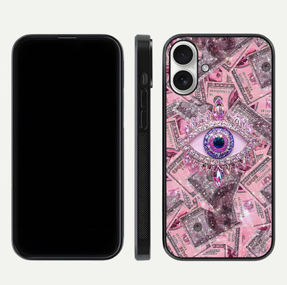 Money Eye Luxe Glass Case for iPhone 17 front & back layout highlighting luxury edge design and bold art