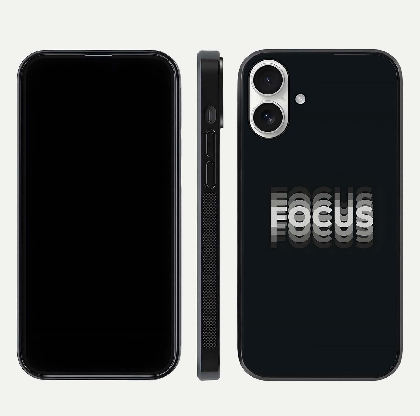 Mono Focus Vision Glass Case for iPhone 17 front & back layout showing clean focus lines and curved edges