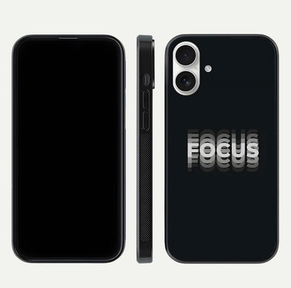 Mono Focus Vision Glass Case for iPhone 17 front & back layout showing clean focus lines and curved edges