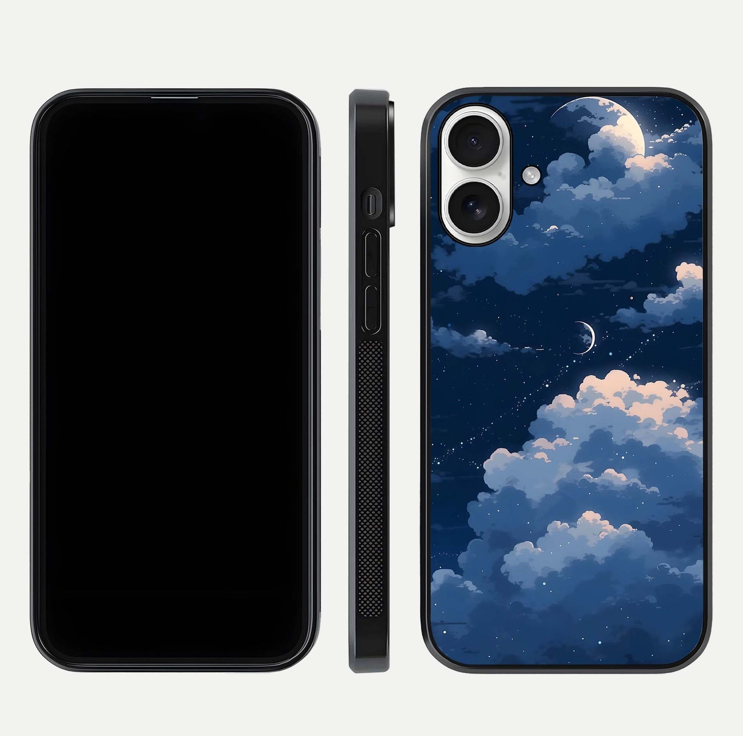 Moon Dream Haze Glass Case for iPhone 17 front & back layout highlighting dreamy design and curved shape