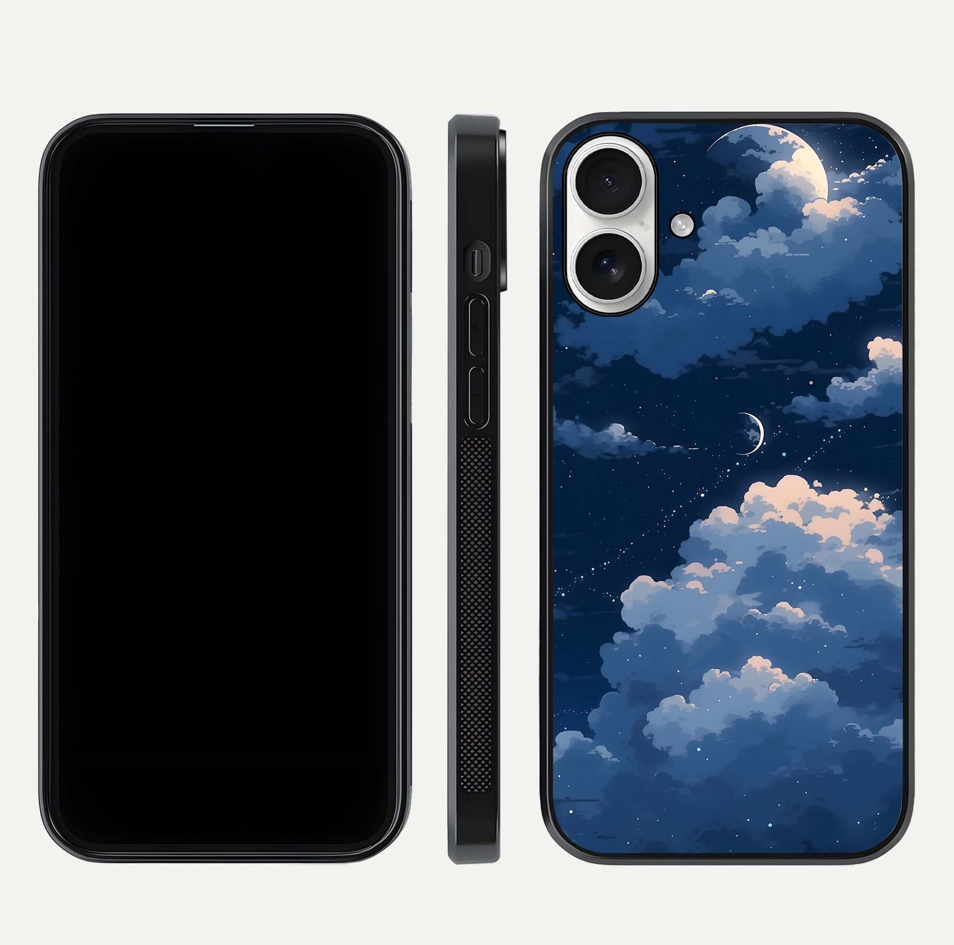 Moon Dream Haze Glass Case for iPhone 17 front & back layout highlighting dreamy design and curved shape