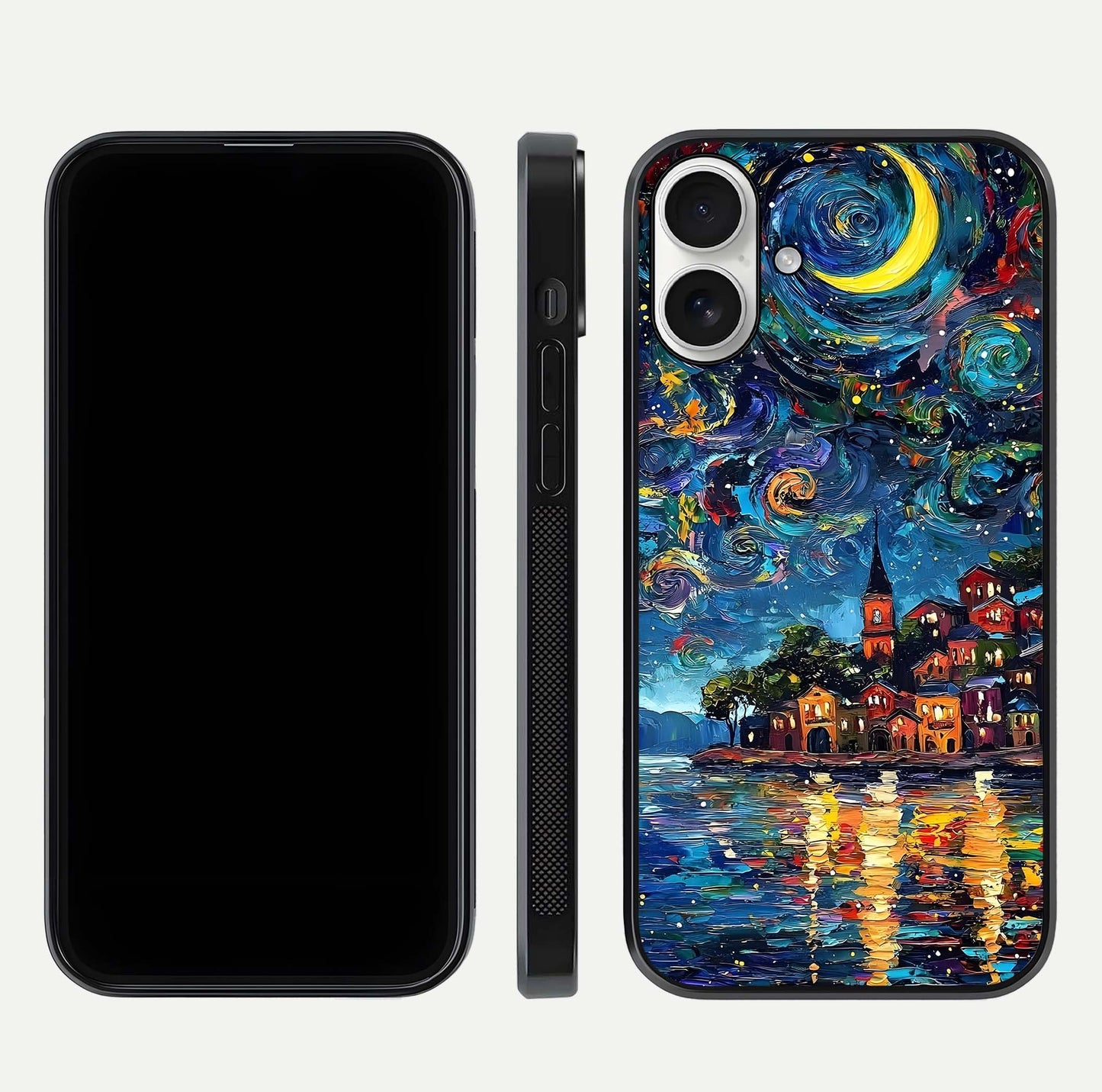 Moonlight Harbor Glow Glass Case for iPhone 17 front & back layout highlighting calm harbor tones