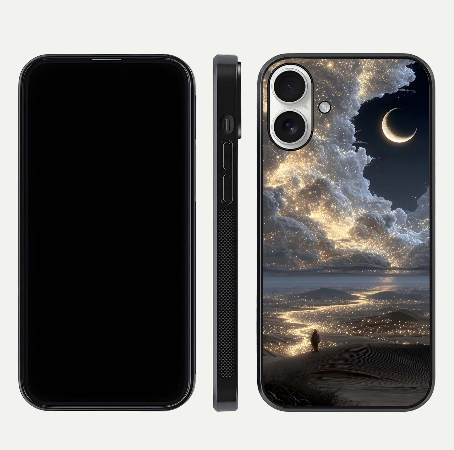 Moonlight Spark Path Glass Case for iPhone 17 front & back layout highlighting calm tones and sleek edges