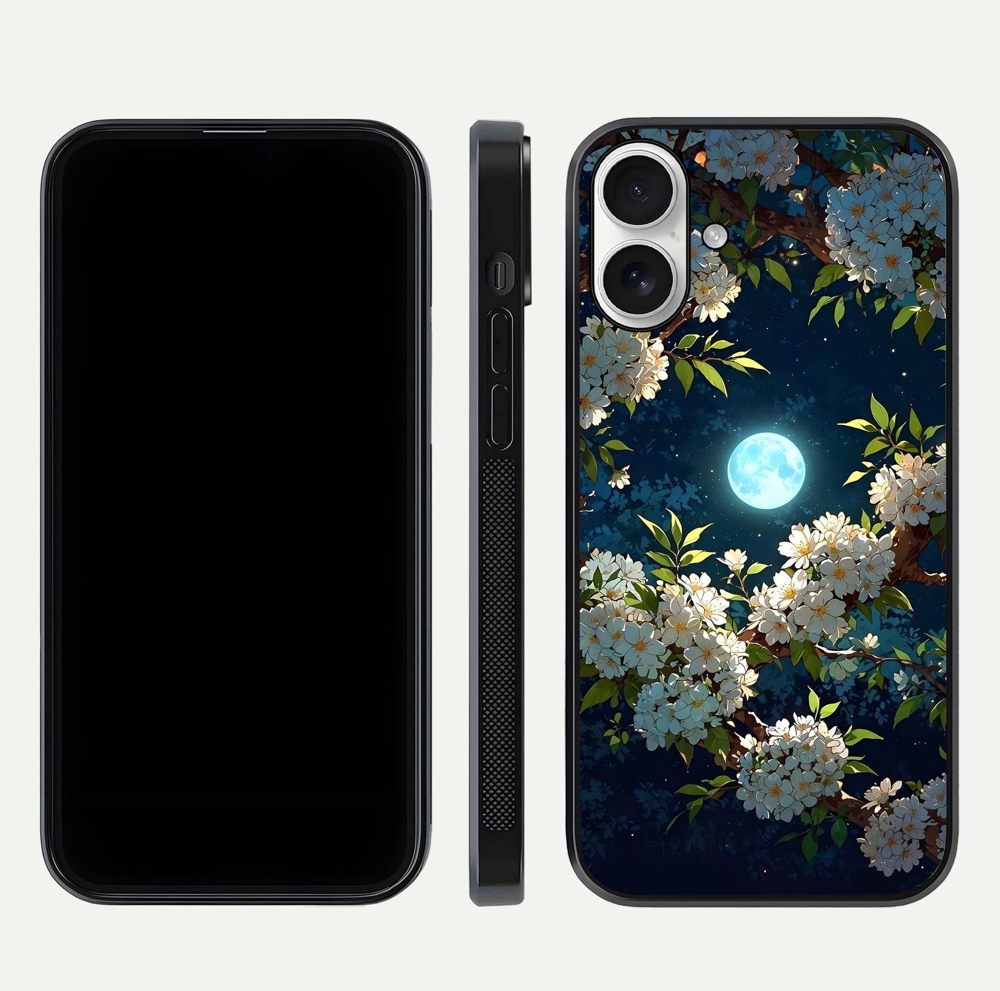Moonlit Blossom Dream Glass Case for iPhone 17 front & back layout highlighting moonlit tones and edges