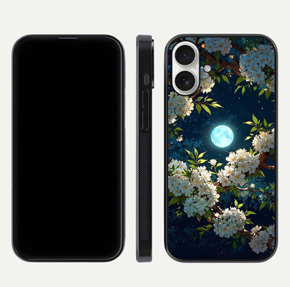 Moonlit Blossom Dream Glass Case for iPhone 17 front & back layout highlighting moonlit tones and edges