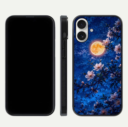 Moonlit Blossoms Night Glass Case for iPhone 17 front & back layout highlighting moonlit tones and curved edges