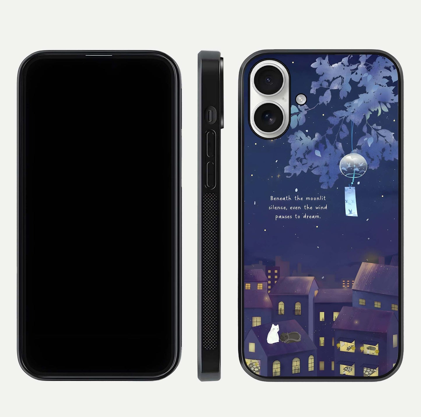 Moonlit Cat Silence Glass Case for iPhone 17 front & back layout highlighting calm tones and edge detail