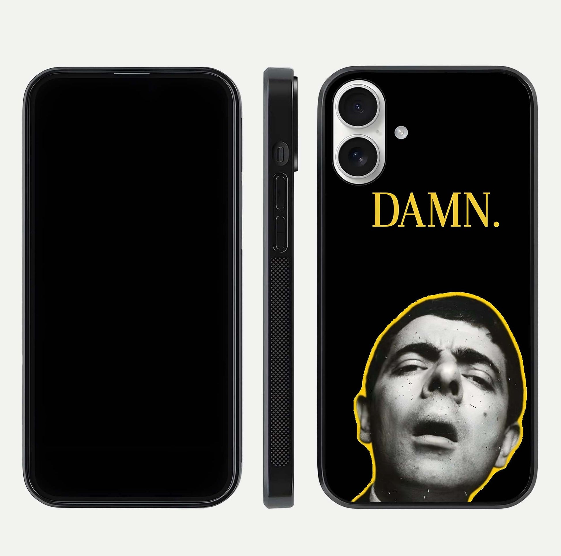 Mr Bean Damn Glass Case for iPhone 17 front & back layout displaying fun artwork and curved smooth edges