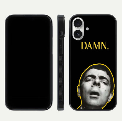 Mr Bean Damn Glass Case for iPhone 17 front & back layout displaying fun artwork and curved smooth edges