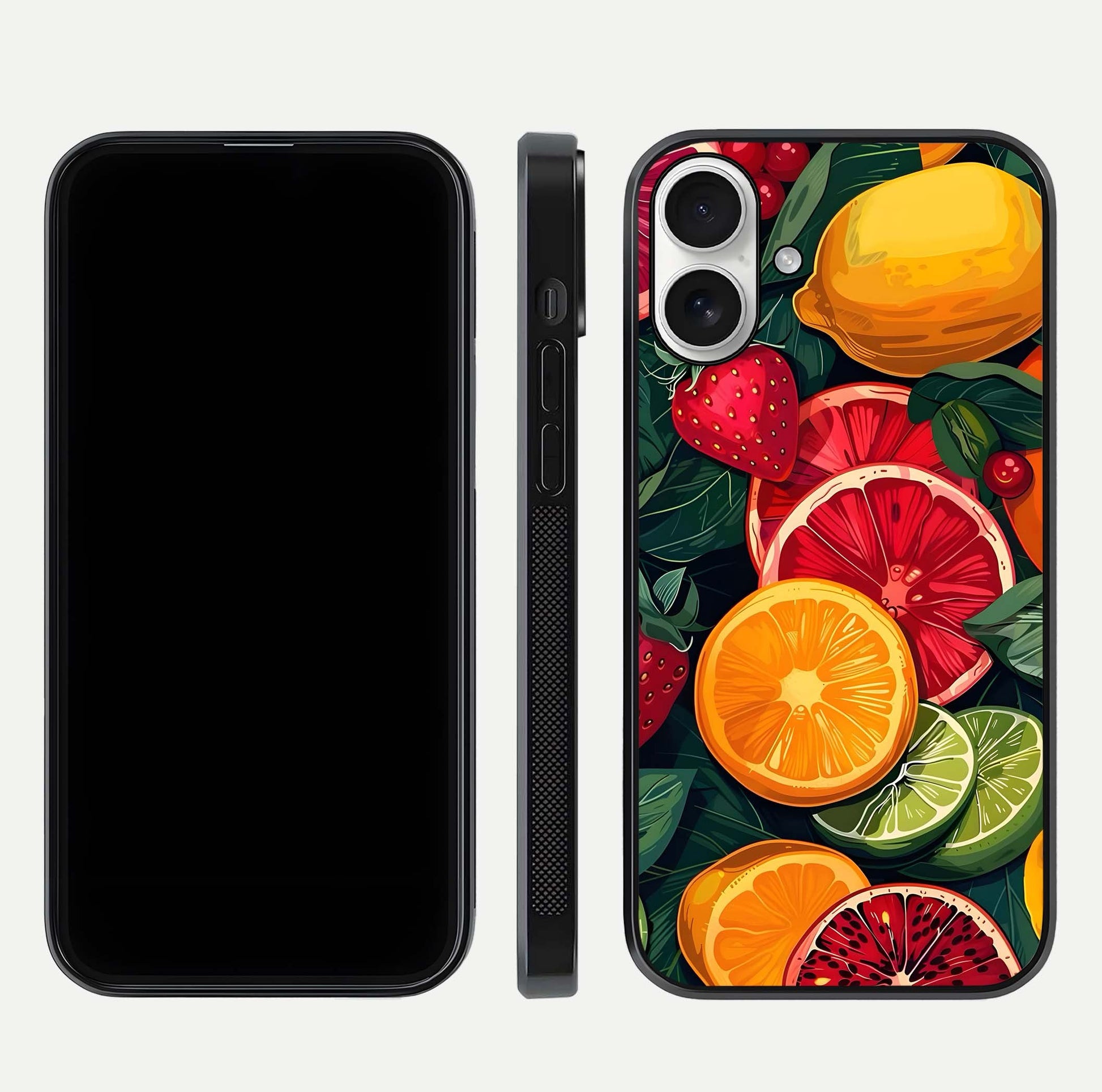 Multiple Fruits Glass Case for iPhone 17 front & back layout highlighting vibrant tones and curved edges