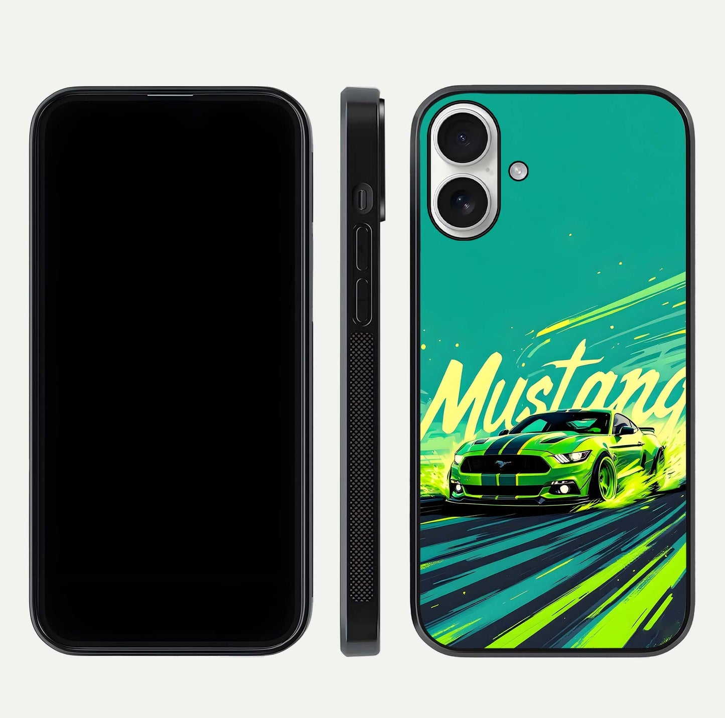 Mustang Bang Glass Case for iPhone 17 front & back layout highlighting dark automotive tones and edge detail