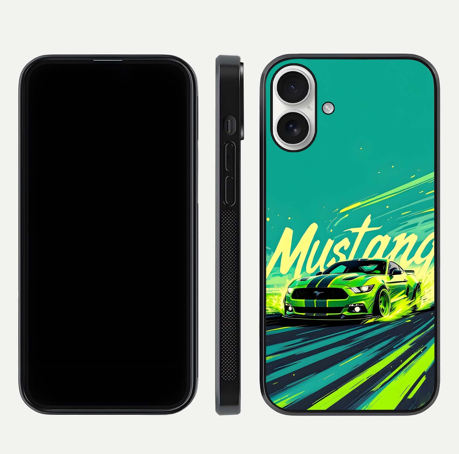 Mustang Bang Glass Case for iPhone 17 front & back layout highlighting dark automotive tones and edge detail