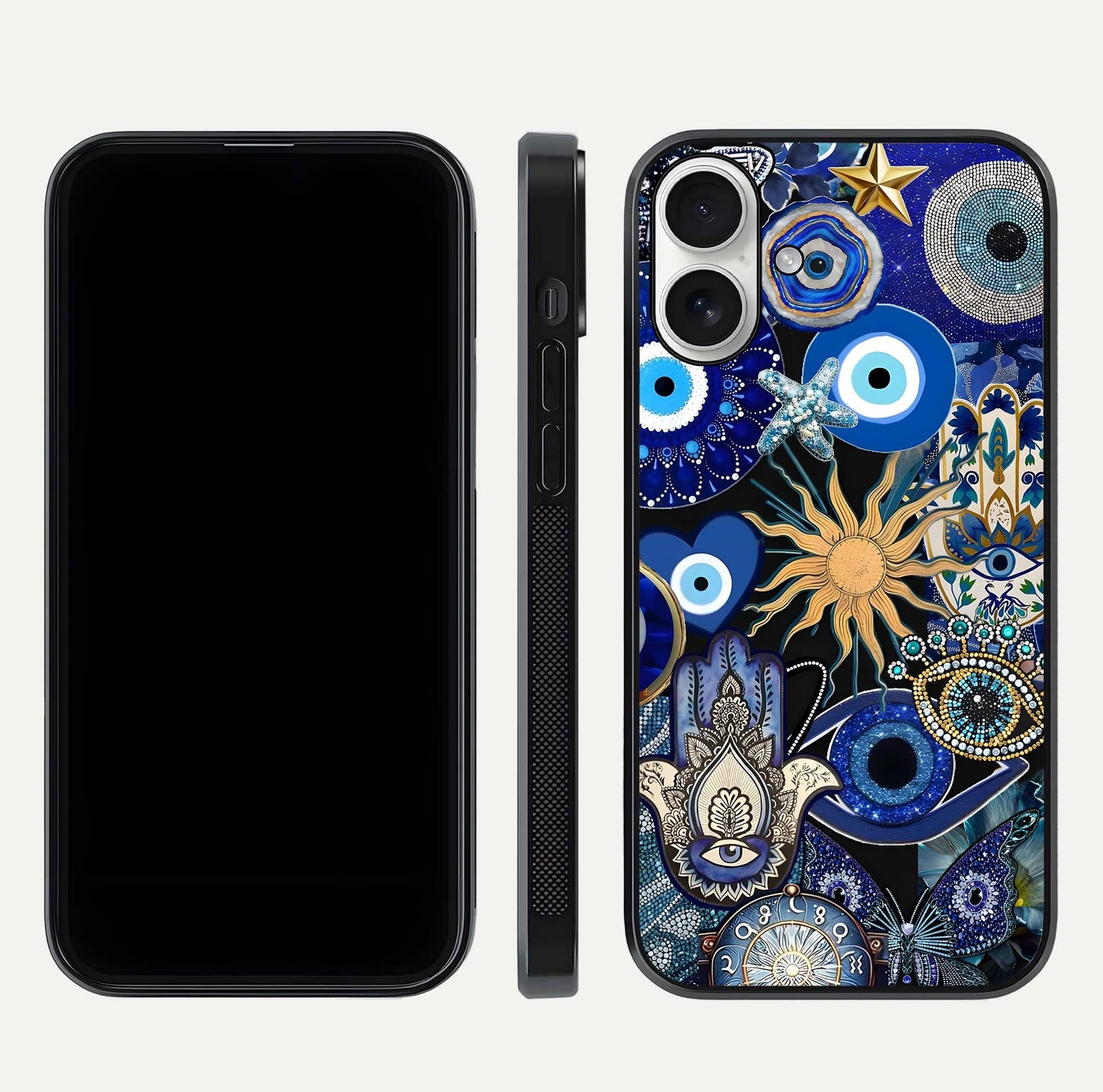 Mystic Blue Evil Eye Glass Case for iPhone 17 front & back layout showing elegant tones and edge finish