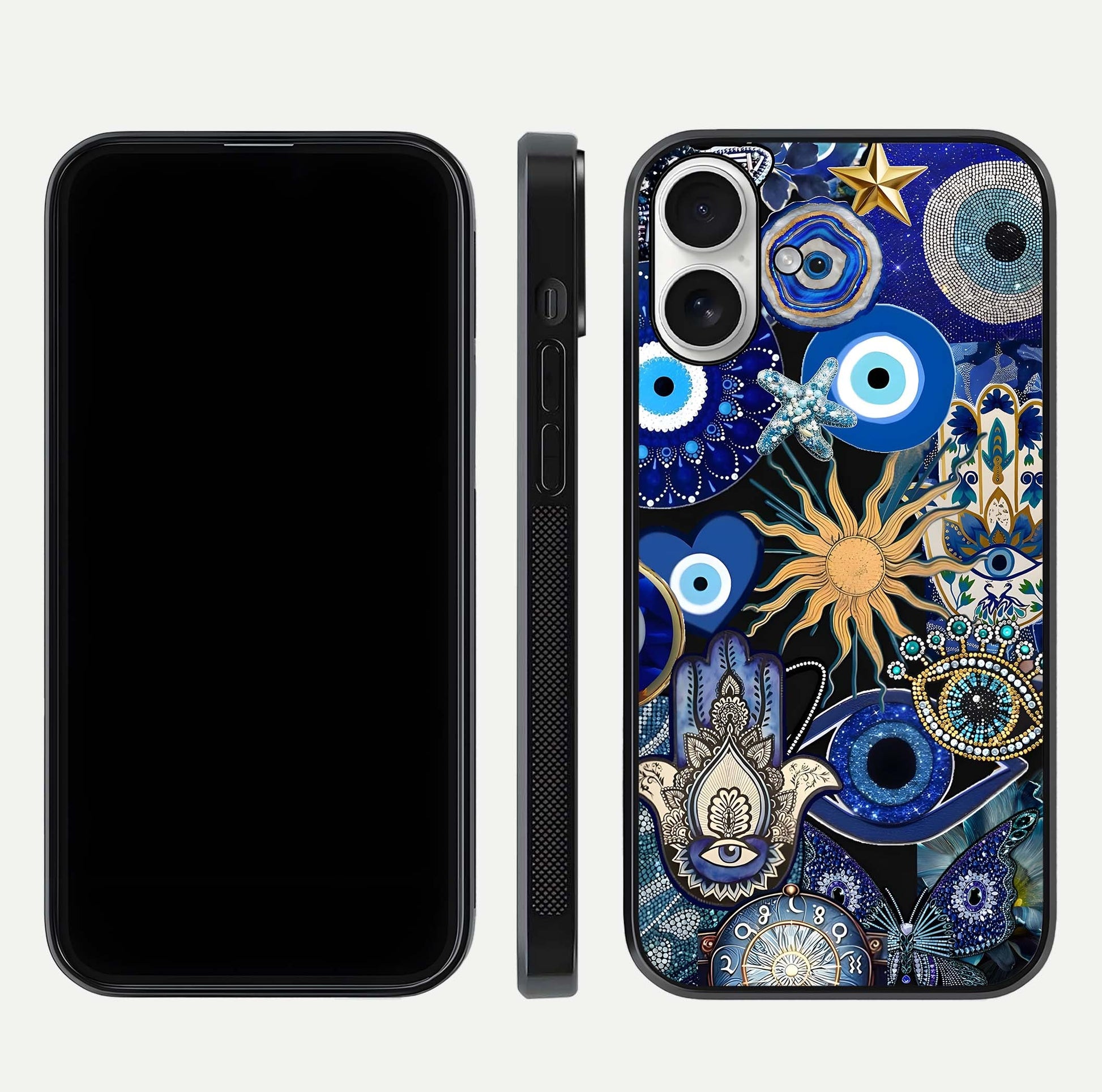 Mystic Blue Evil Eye Glass Case for iPhone 17 front & back layout showing elegant tones and edge finish