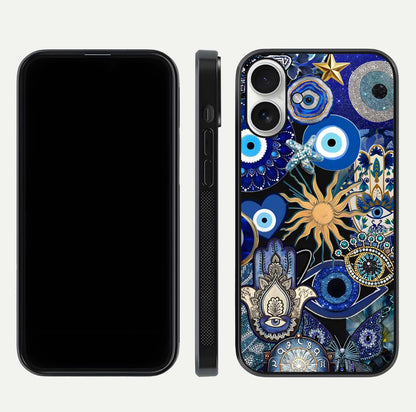 Mystic Blue Evil Eye Glass Case for iPhone 17 front & back layout showing elegant tones and edge finish