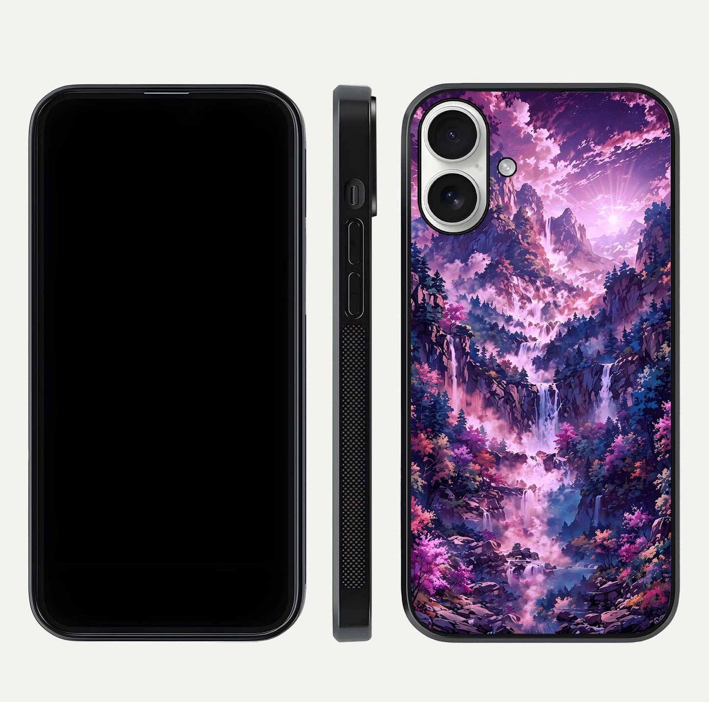 Mystic Cascade Peaks Glass Case for iPhone 17 front & back layout highlighting HD landscape tones