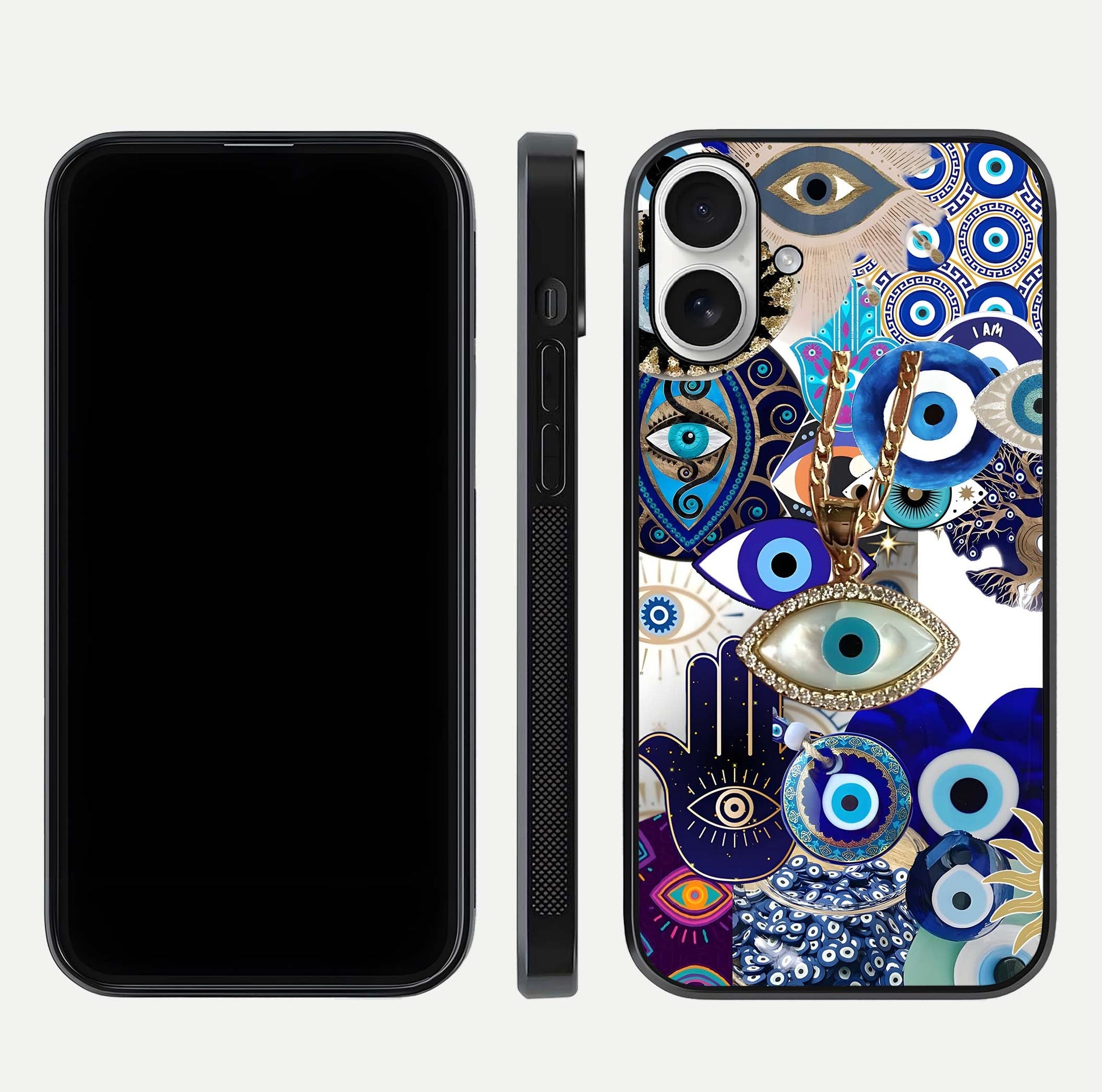 Mystic Charm Eye Glass Case for iPhone 17 front & back layout highlighting spiritual design and edges