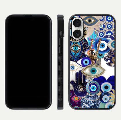 Mystic Charm Eye Glass Case for iPhone 17 front & back layout highlighting spiritual design and edges