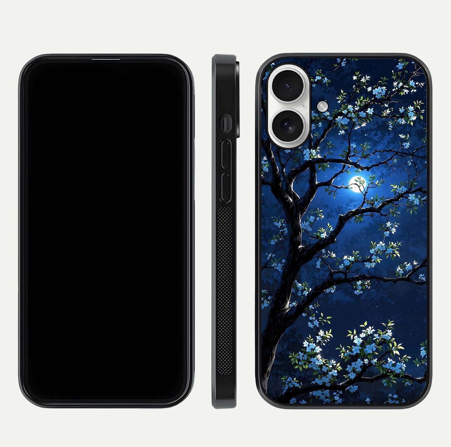 Mystic Floral Night Glass Case for iPhone 17 front & back layout showing elegant floral art and smooth edges