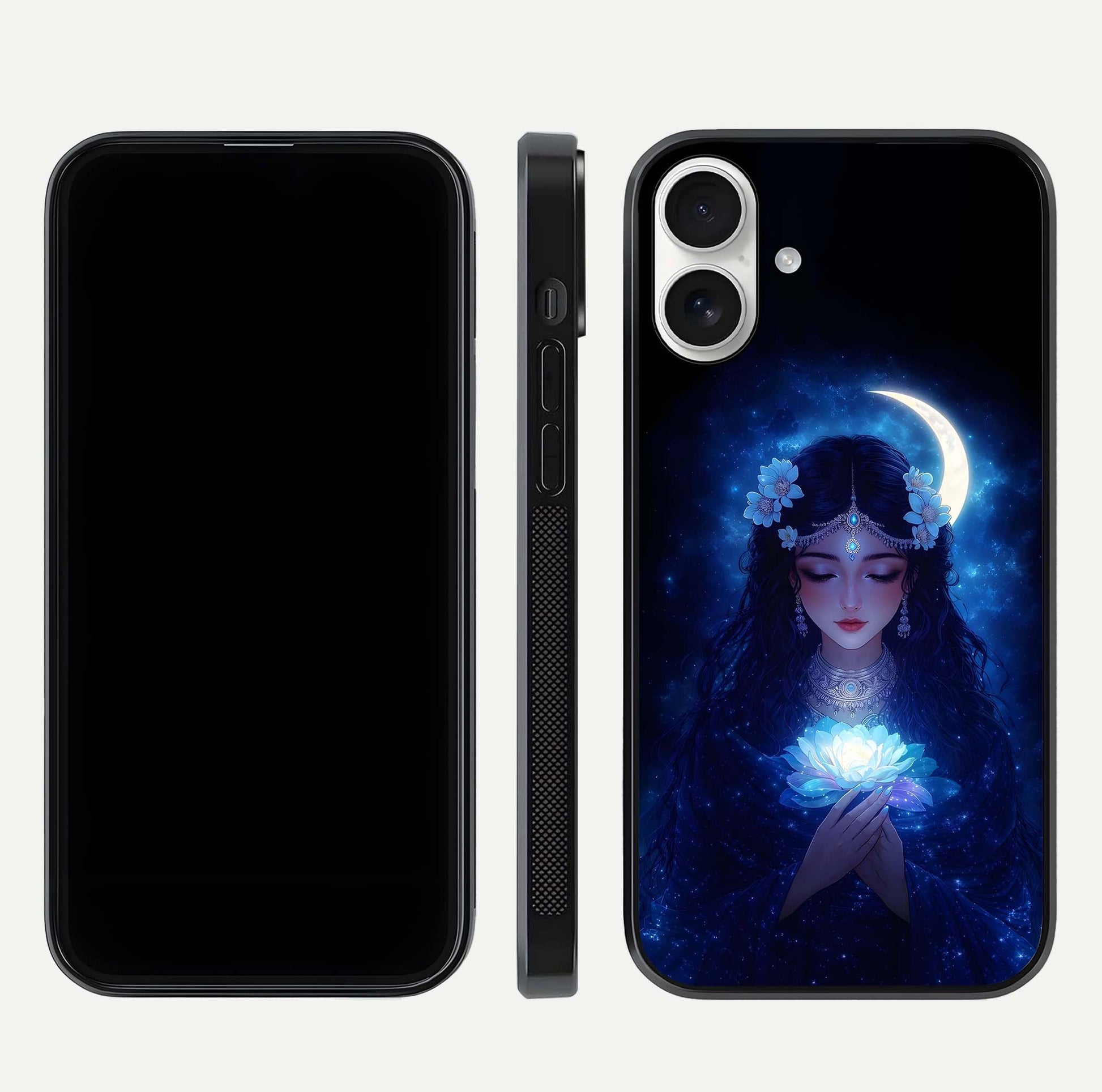 Mystic Moon Queen Glass Case for iPhone 17 front & back layout highlighting divine illustration and edges