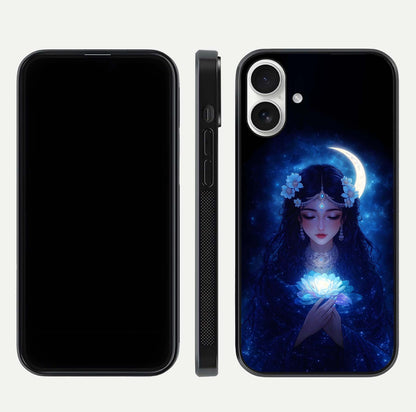 Mystic Moon Queen Glass Case for iPhone 17 front & back layout highlighting divine illustration and edges