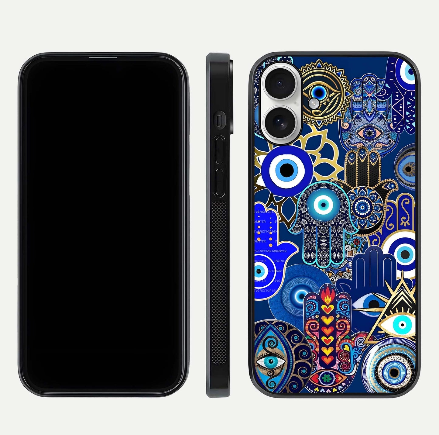 Mystic Palm Guard Glass Case for iPhone 17 front & back layout highlighting spiritual art and edge finish