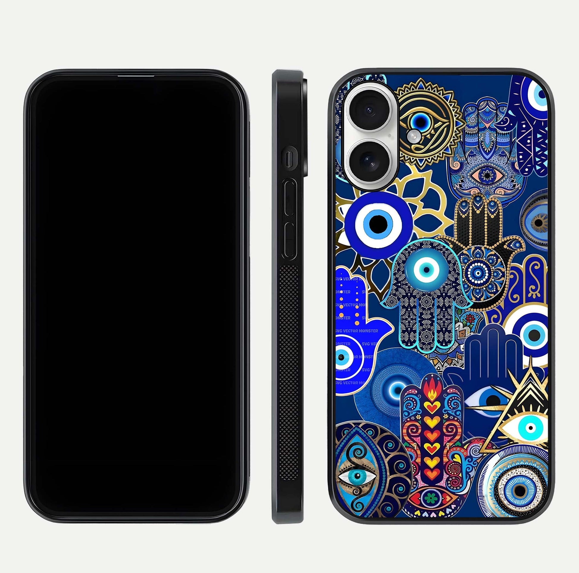 Mystic Palm Guard Glass Case for iPhone 17 front & back layout highlighting spiritual art and edge finish
