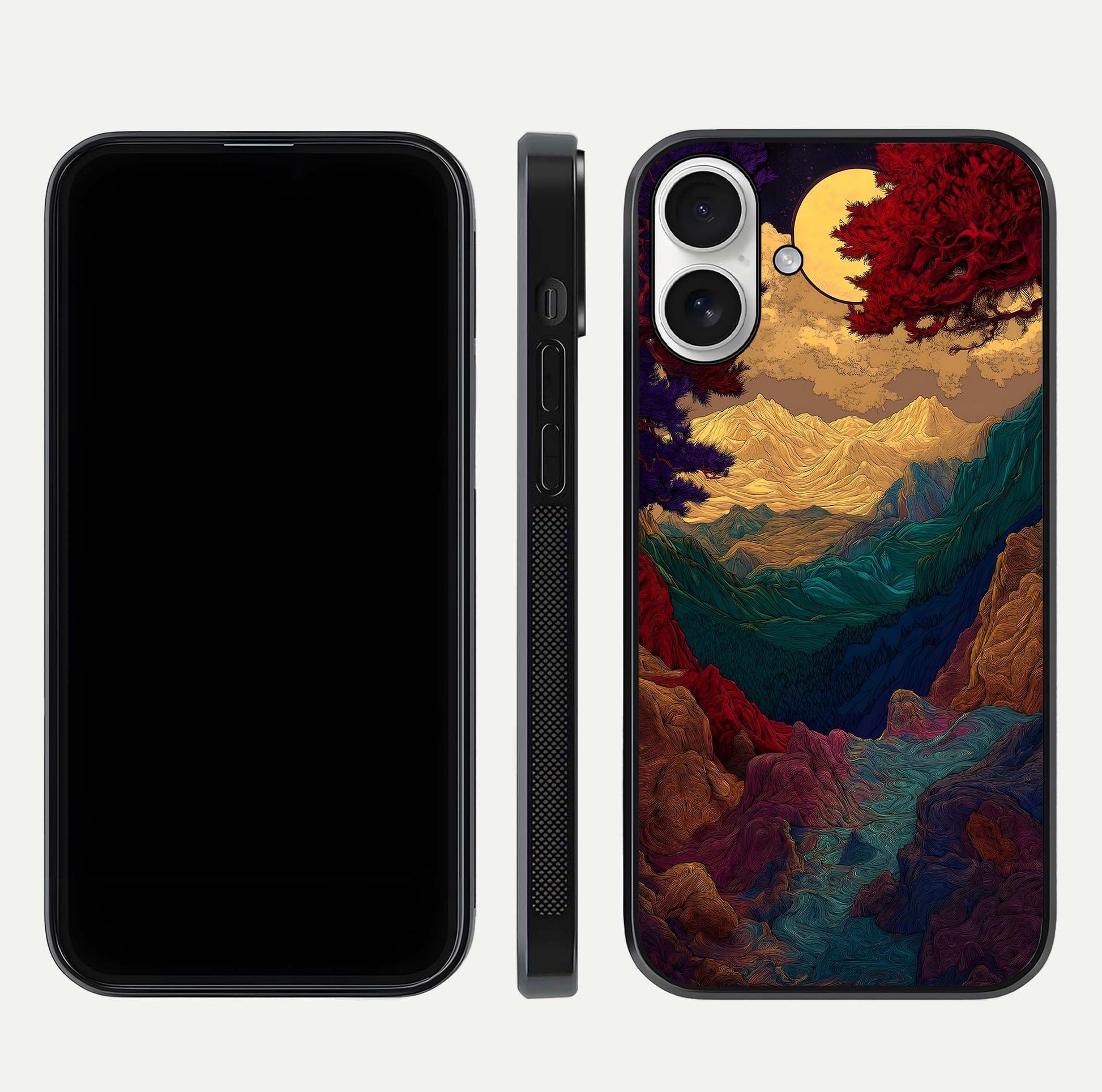 Mystic Valley Light Glass Case for iPhone 17 front & back layout displaying landscape tones and edges