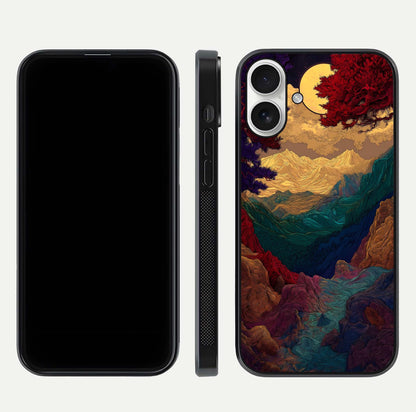 Mystic Valley Light Glass Case for iPhone 17 front & back layout displaying landscape tones and edges