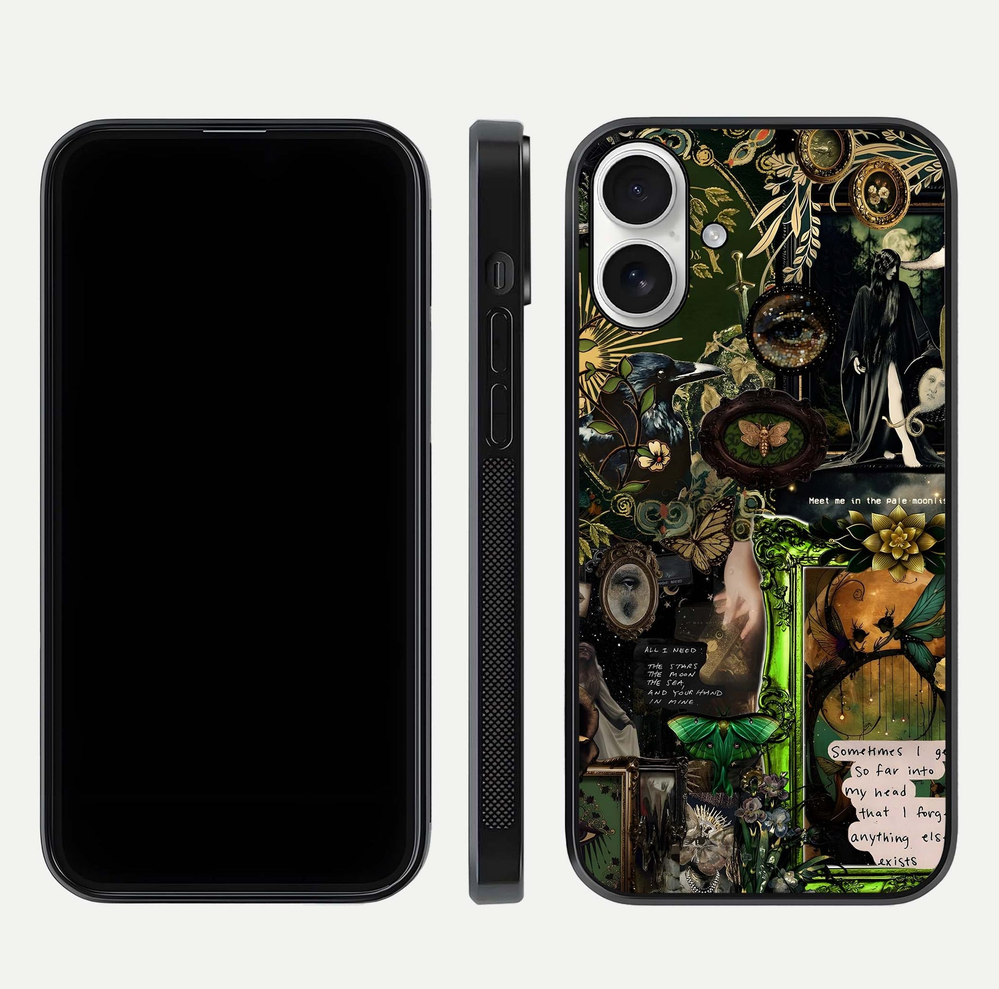 Mystic Woods Secret Glass Case for iPhone 17 front & back layout showing nature theme and smooth edges