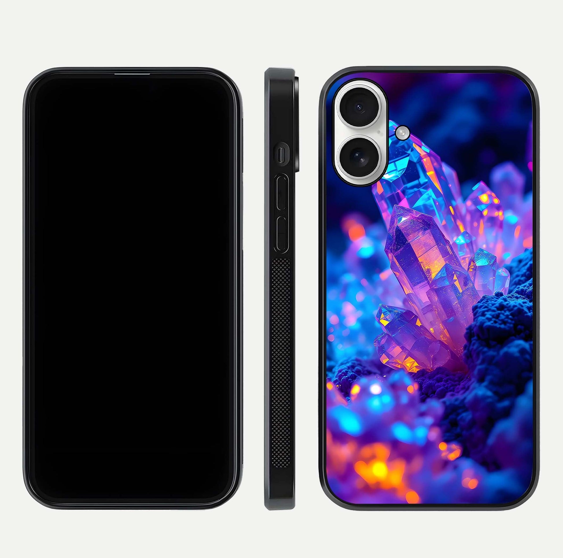Neon Aura Shards Glass Case for iPhone 17 front & back layout showing vivid tones and edge finish