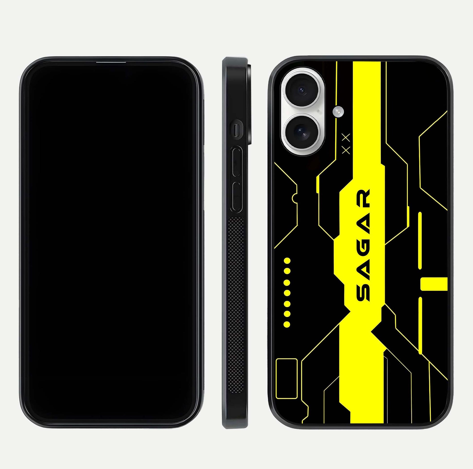 Neon CYBERPUNK Custom Name Glass Case for iPhone 17 front & back layout showing tech art and custom edge