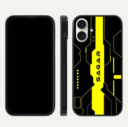 Neon CYBERPUNK Custom Name Glass Case for iPhone 17 front & back layout showing tech art and custom edge