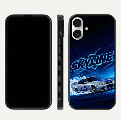 Neon Drift Beast Glass Case for iPhone 17 front & back layout showing car silhouette and edge design