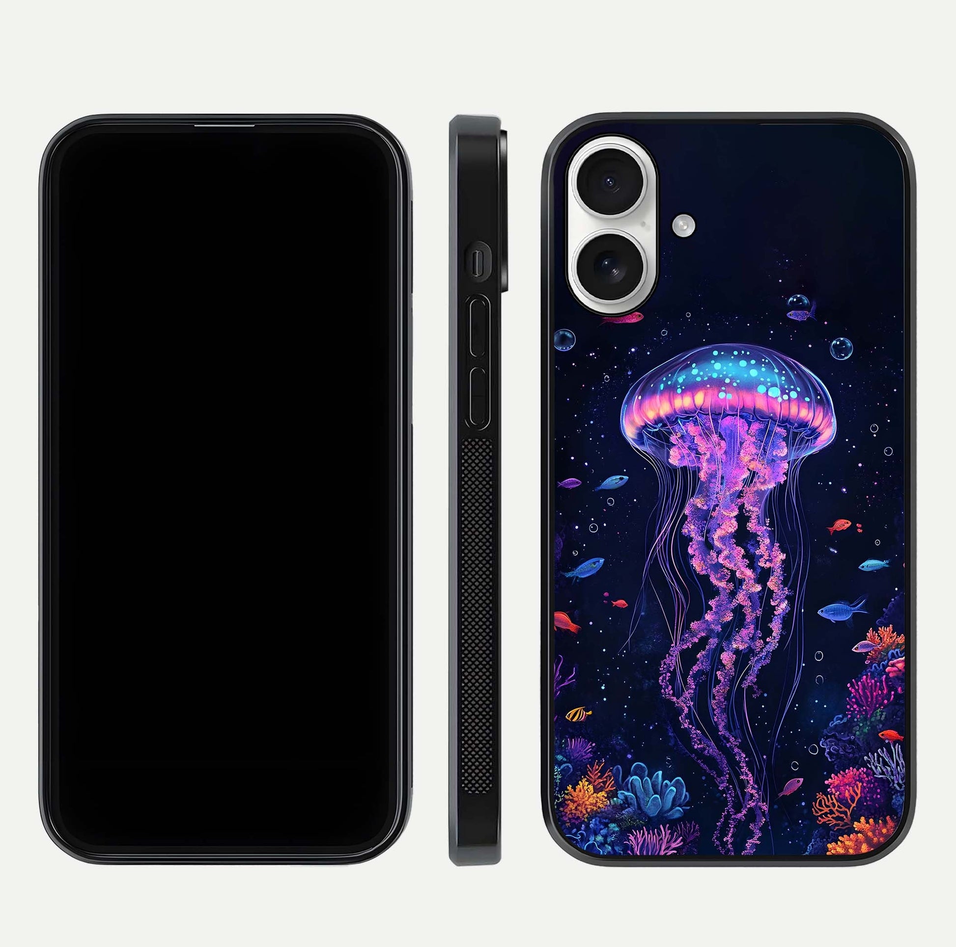 Neon Jellyfish Glass Case for iPhone 17 front & back layout highlighting HD marine art and curved edges