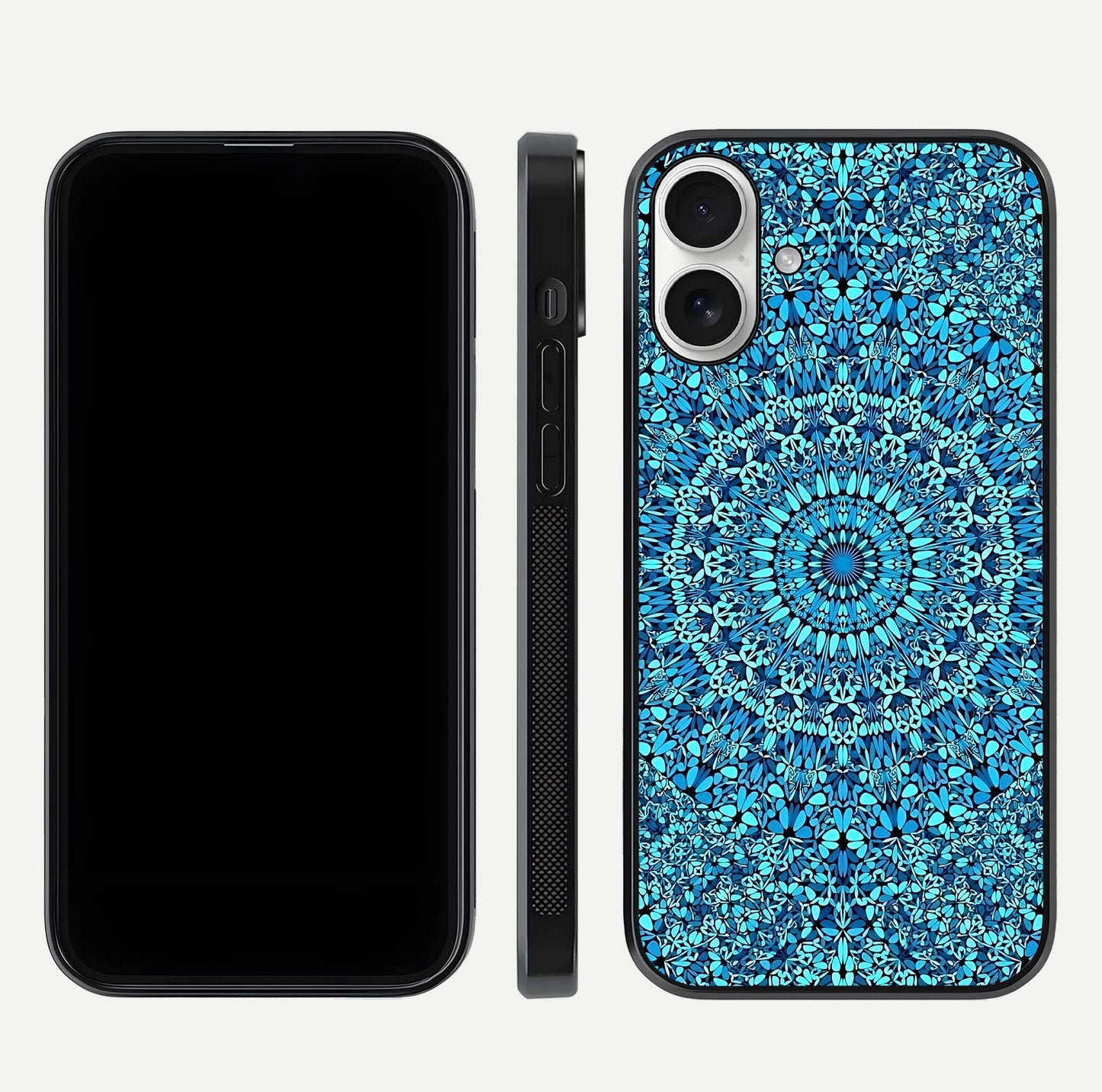 Ocean Bloom Mandala Glass Case for iPhone 17 front & back layout showing ocean tone design and edges