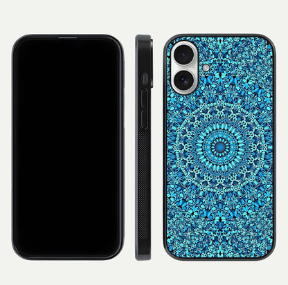 Ocean Bloom Mandala Glass Case for iPhone 17 front & back layout showing ocean tone design and edges