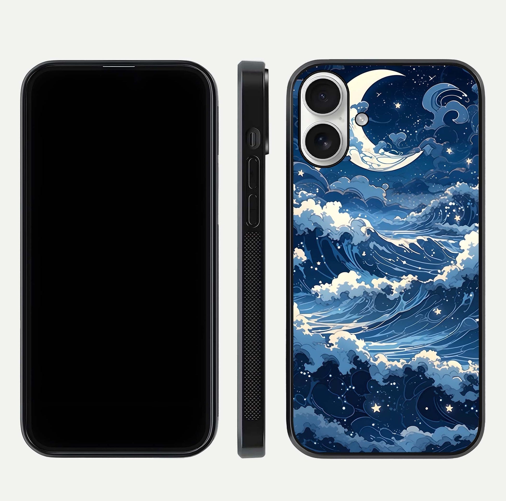 Ocean Moon Waves Glass Case for iPhone 17 front & back layout highlighting water flow and smooth edges