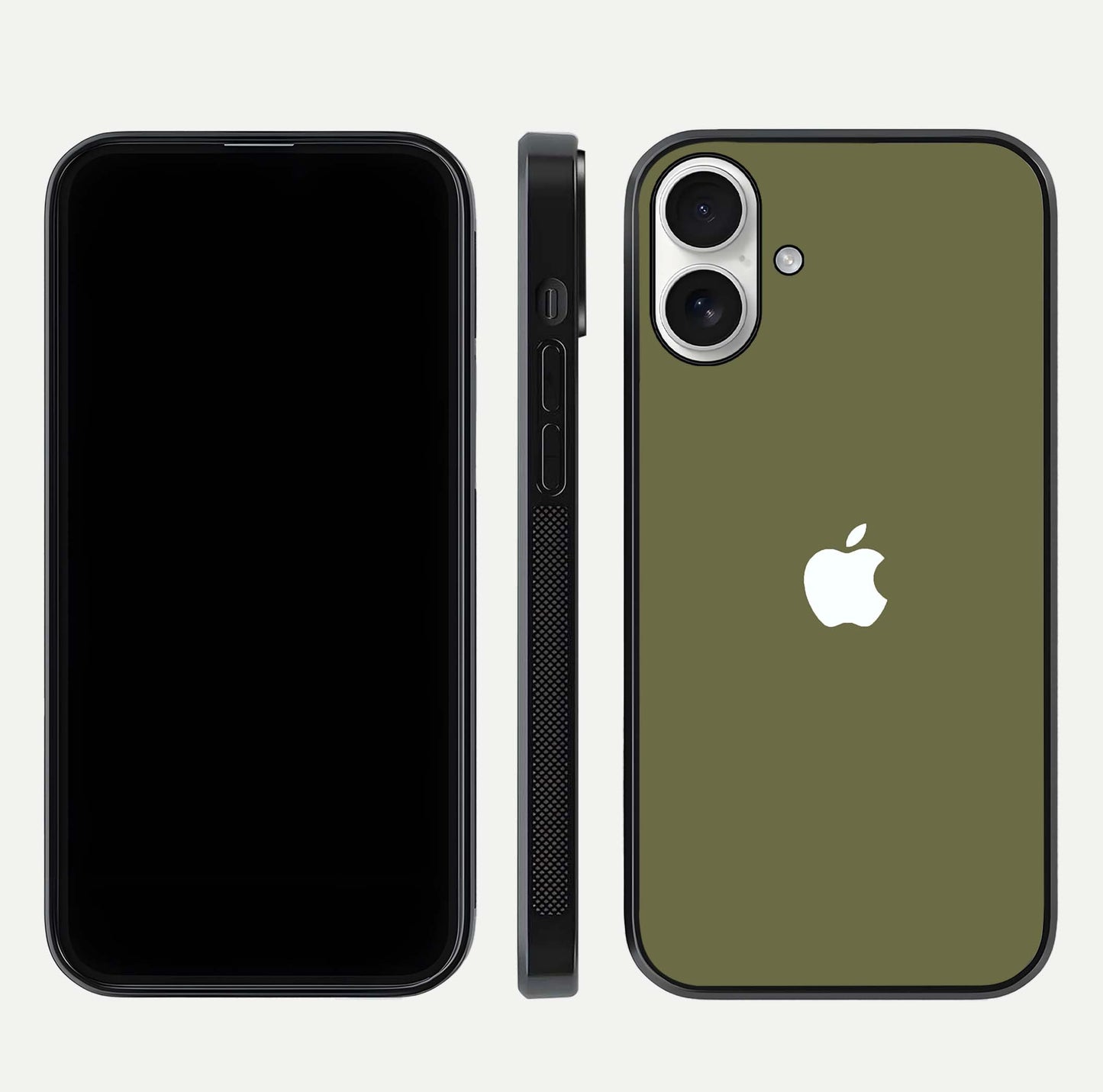 Olive Matte Essence Glass Case for iPhone 17 front & back layout highlighting simple design and clean edges