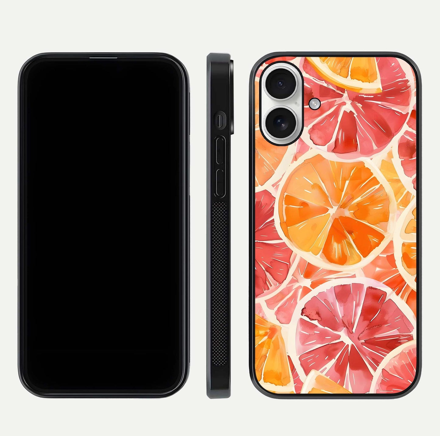 Orange Fruits Pattern Glass Case for iPhone 17 front & back layout highlighting bright colors and clean edges