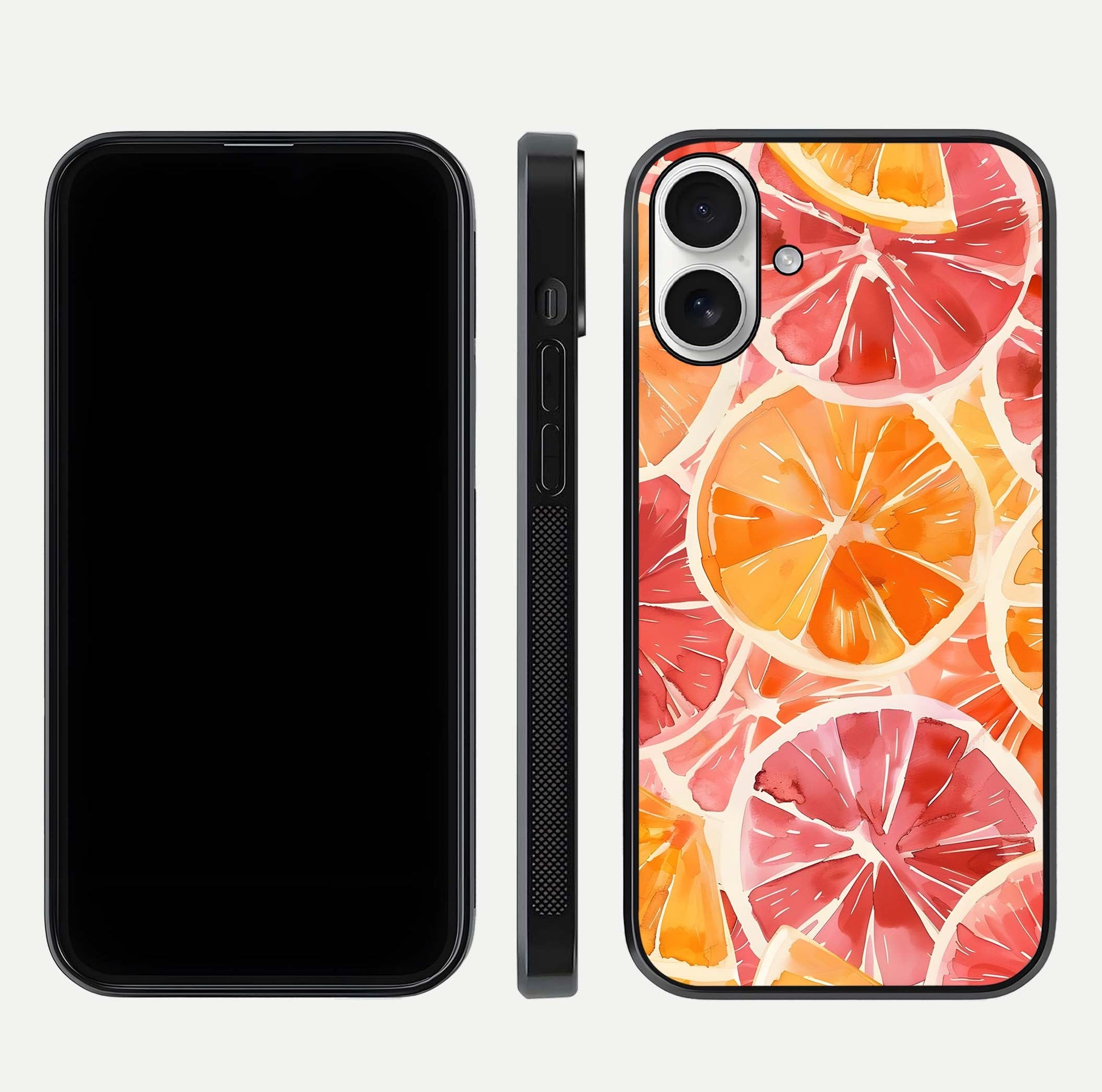 Orange Fruits Pattern Glass Case for iPhone 17 front & back layout highlighting bright colors and clean edges
