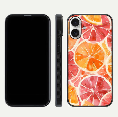 Orange Fruits Pattern Glass Case for iPhone 17 front & back layout highlighting bright colors and clean edges