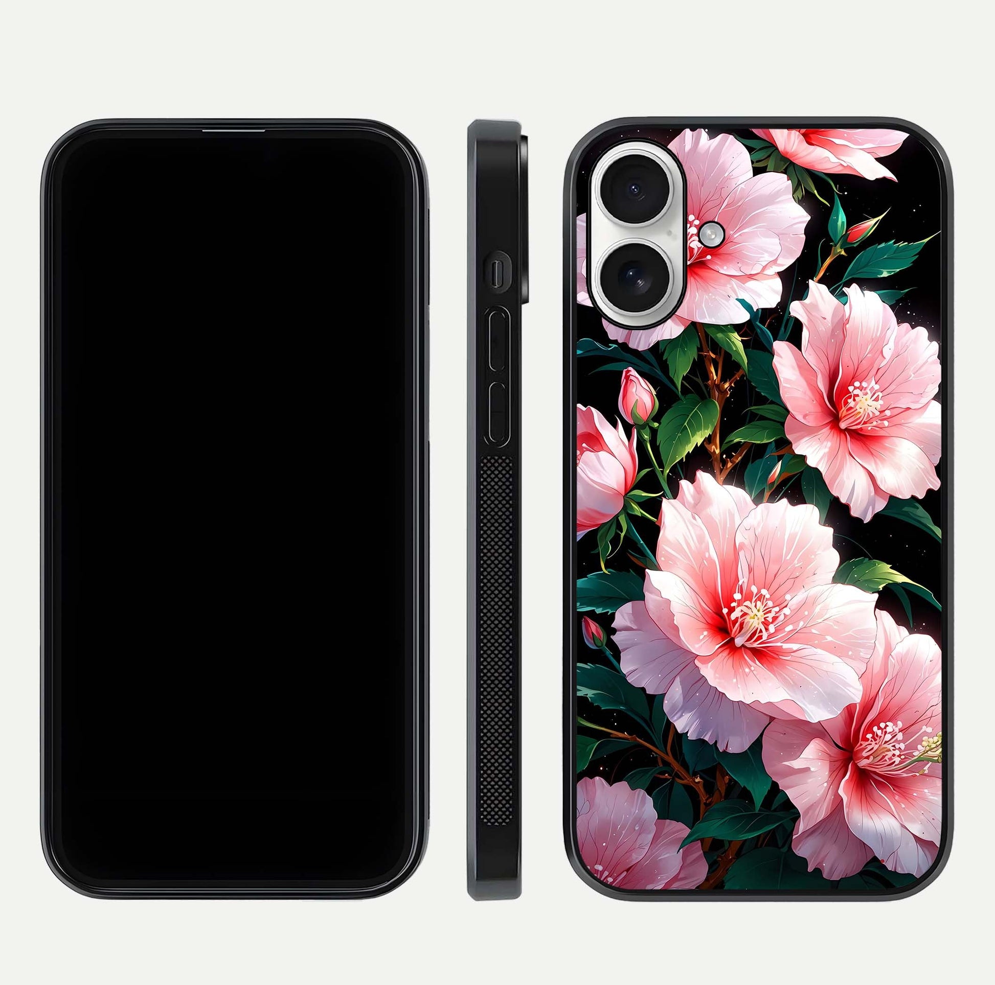 Peach Flower Glass Case for iPhone 17 front & back layout showing elegant floral tones and smooth edges