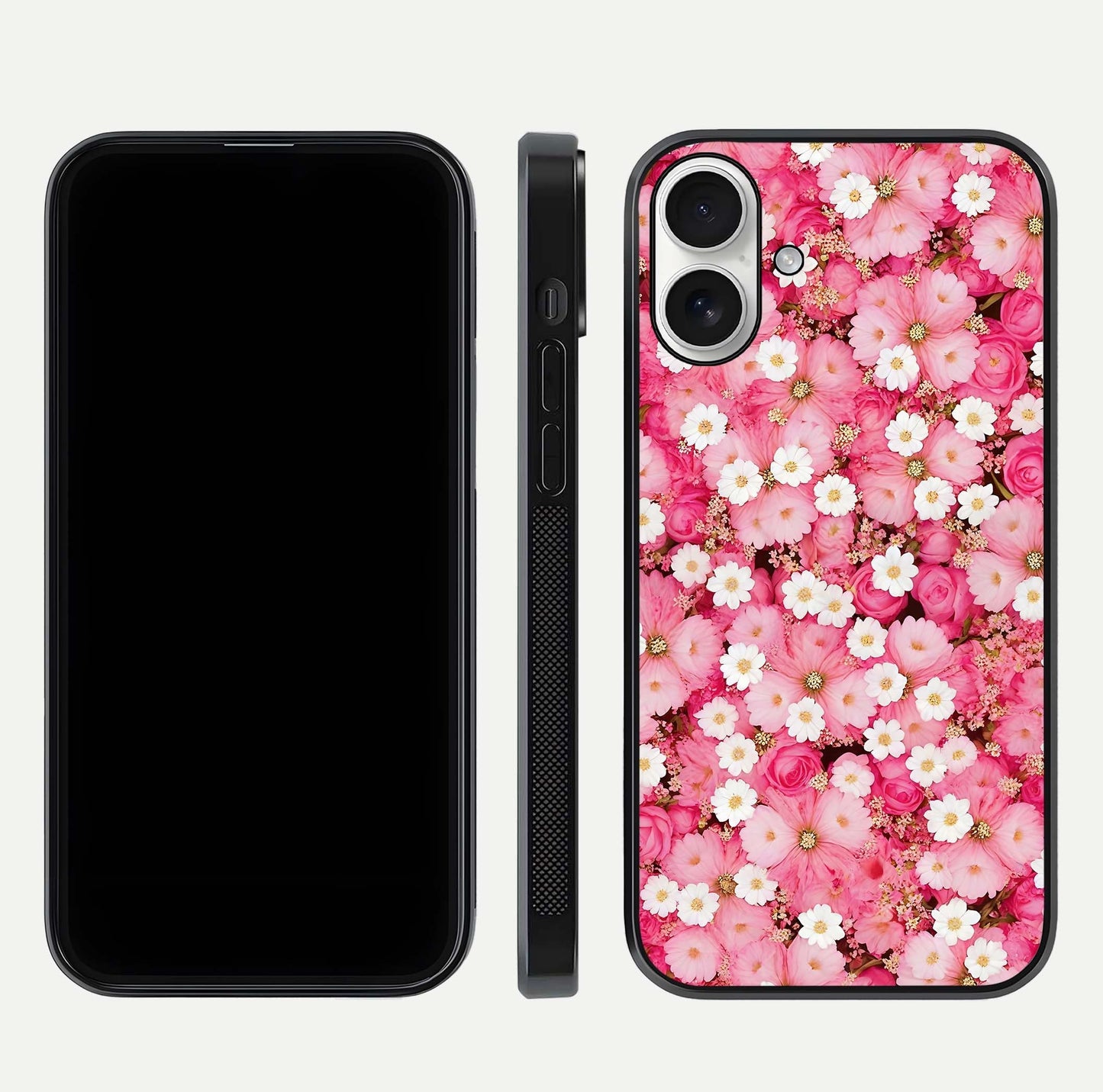 Pink Daisy Bliss Glass Case for iPhone 17 front & back layout showing HD floral tones and edge finish
